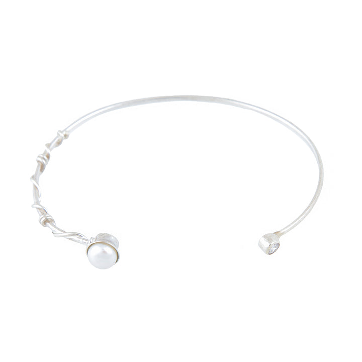 White Pearl Bangle-Silver