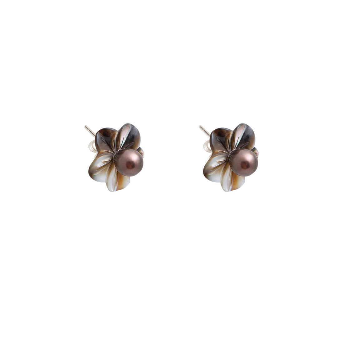 Mother of Pearl Flower Black Pearl Earrings