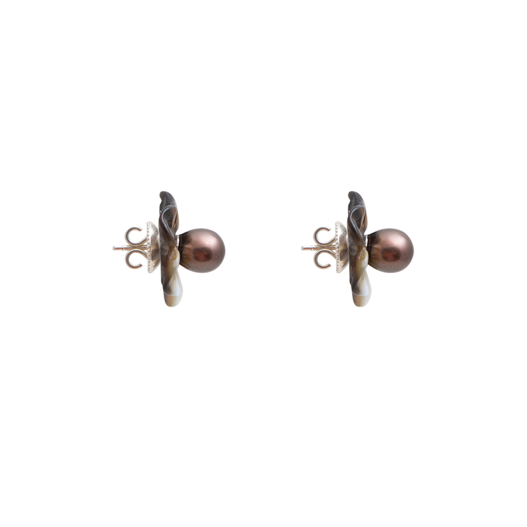 Mother of Pearl Flower Black Pearl Earrings