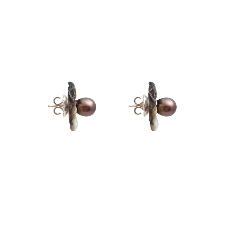 Mother of Pearl Flower Black Pearl Earrings