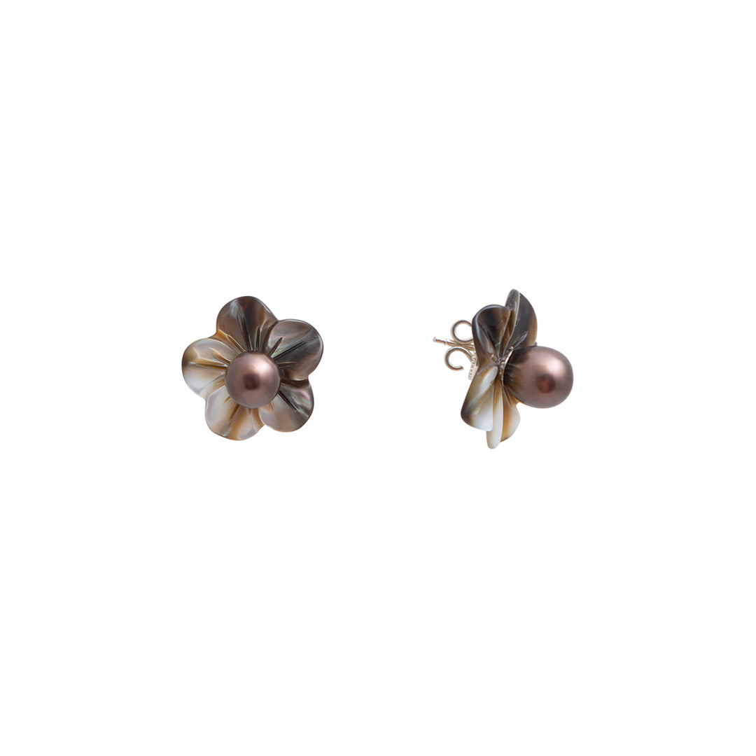 Mother of Pearl Flower Black Pearl Earrings