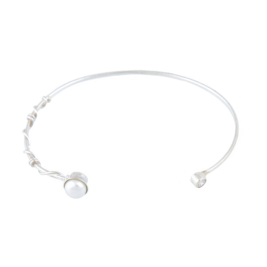 White Pearl Bangle-Silver